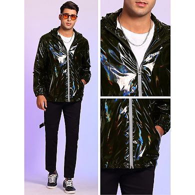 Metallic Jacket For Men's Solid Zipper Sparkle Shiny Holographic Hooded Windbreaker Black Large