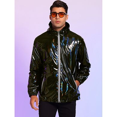 Metallic Jacket For Men's Solid Zipper Sparkle Shiny Holographic Hooded Windbreaker Black Large