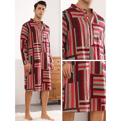 Nightshirts For Men's Long Sleeves Geometric Pattern Banded Collar Sleepshirts