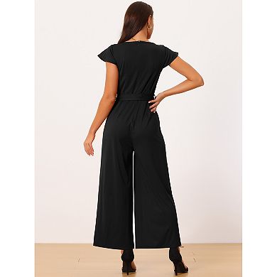 Women's Ruffle Cap Sleeve Belted High Waist Wide Leg Pockets Casual Dressy Jumpsuits