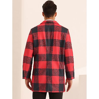 Plaid Overcoat For Men's Notch Lapel Color Block Single Breasted Formal Checked Coat