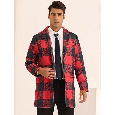 Plaid Overcoat For Men's Notch Lapel Color Block Single Breasted Formal Checked Coat