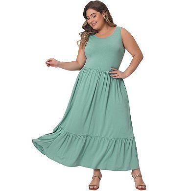 Women's Summer Sleeveless Loose Maxi Dress Casual Tiered With Pockets Plus Size