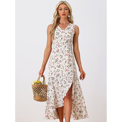 Women's Floral Print Summer A-line High Low Side Slit Sleeveless Midi Dress