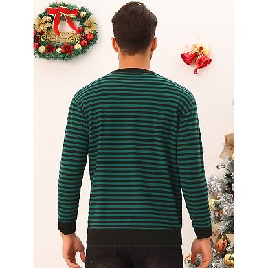 Striped Sweaters For Men's Long Sleeves Round Neck Color Block Knit Top Pullover