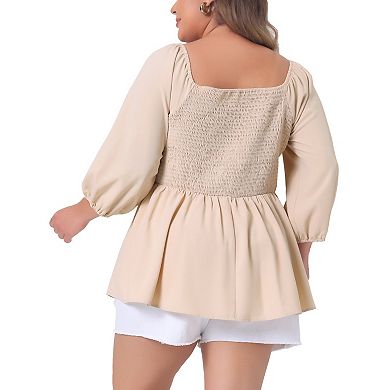 Plus Size Sweetheart Neck Drawstring Ruched 3/4 Sleeve Peplum Blouse Tops