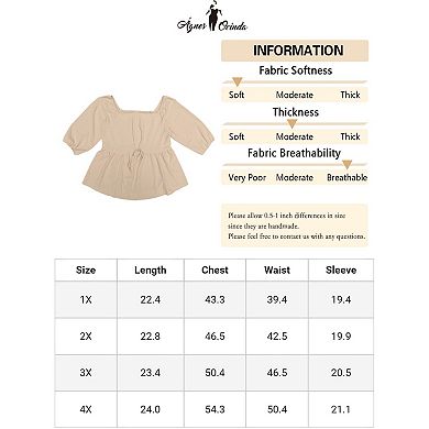 Plus Size Sweetheart Neck Drawstring Ruched 3/4 Sleeve Peplum Blouse Tops