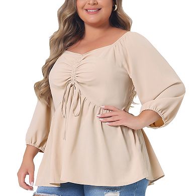 Plus Size Sweetheart Neck Drawstring Ruched 3/4 Sleeve Peplum Blouse Tops