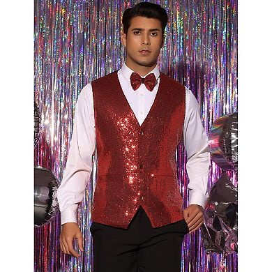 Sequins Vest For Men's V-neck Slim Fit Shiny Disco Party Sleeveless Waistcoat Bowtie Red Xx Large