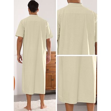 Long Nightgown For Men's Loose Fit Short Sleeves Stand Collar Zipper Nightshirts