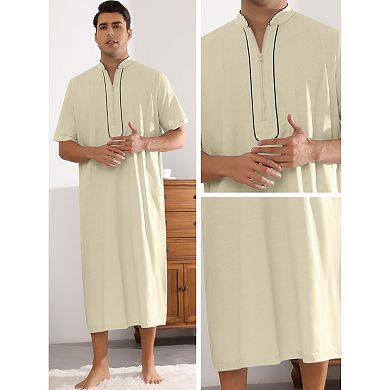 Long Nightgown For Men's Loose Fit Short Sleeves Stand Collar Zipper Nightshirts