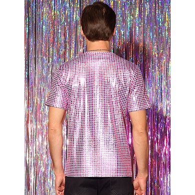 Sparkle T-shirt For Men's Round Neck Short Sleeves Nightclub Party Metallic Tee