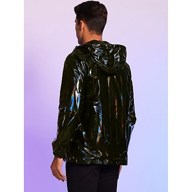 Metallic Jacket For Men's Solid Zipper Sparkle Shiny Holographic Hooded Windbreaker Black X Large