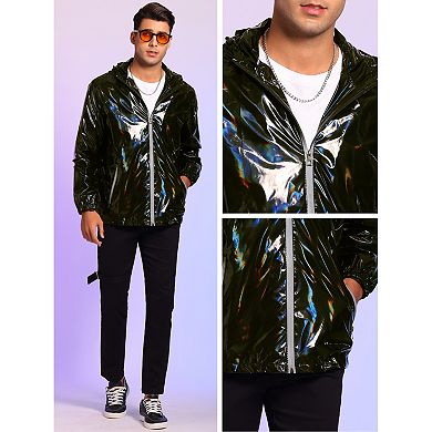 Metallic Jacket For Men's Solid Zipper Sparkle Shiny Holographic Hooded Windbreaker Black X Large