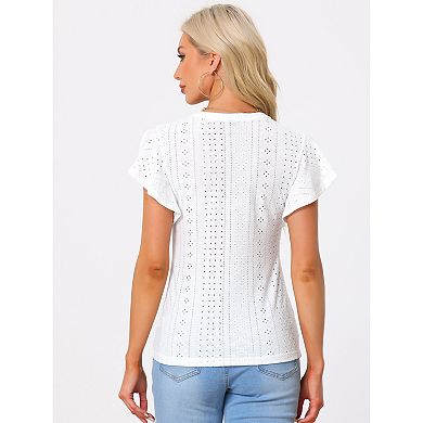 Embroidered Eyelet Top For Women's V Neck Ruffle Sleeve Hollow Out Summer Country