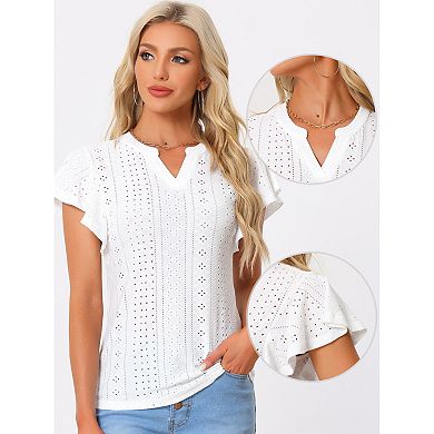 Embroidered Eyelet Top For Women's V Neck Ruffle Sleeve Hollow Out Summer Country