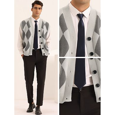 Argyle Sweater Vests For Men's Classic V Neck Button Sleeveless Knit Sweater Cardigan