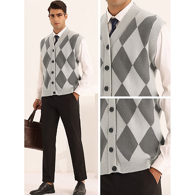 Argyle Sweater Vests For Men's Classic V Neck Button Sleeveless Knit Sweater Cardigan