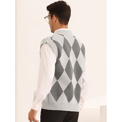 Argyle Sweater Vests For Men's Classic V Neck Button Sleeveless Knit Sweater Cardigan