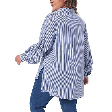 Plus Size Shirts For Women Button Down Collared Long Sleeve Classic Office Work Striped Blouse