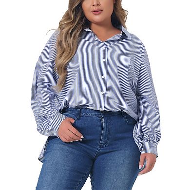 Plus Size Shirts For Women Button Down Collared Long Sleeve Classic Office Work Striped Blouse