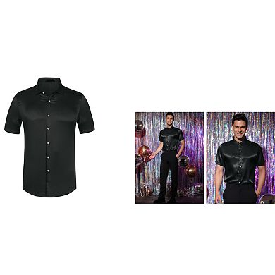 Satin Shirts For Men's Point Collar Short Sleeve Button Down Business Shirts