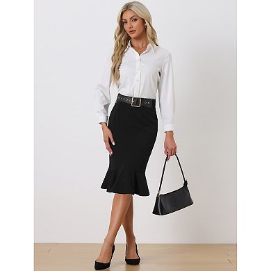 Women's Fishtail Mermaid High Waisted Peplum Midi Pencil Skirt With Belt Work Skirts