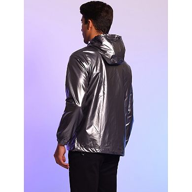 Holographic Jacket For Men's Lightweight Long Sleeves Metallic Shiny Hoodie Coat