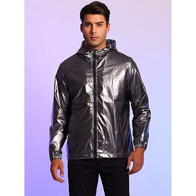 Holographic Jacket For Men's Lightweight Long Sleeves Metallic Shiny Hoodie Coat