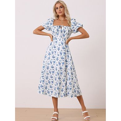 Women's Floral Sweatheart Tie Neck Split Smocked Puffy Sleeves Maxi Dress