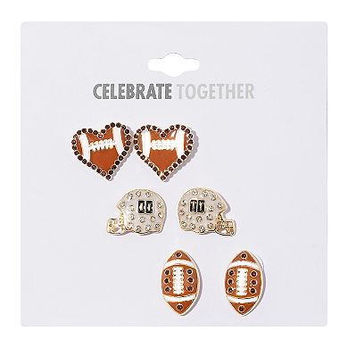 Celebrate Together??? Gold Tone Crystal Football, Heart, & Helmet Stud Earring Set