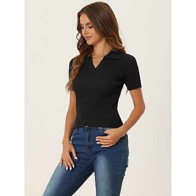 Women's Casual Short Sleeve T-shirt V Neck Collar Fitted Ribbed Knit Sweater Top