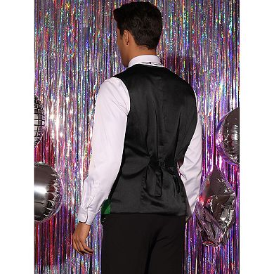 Sequins Vest For Men's V-neck Slim Fit Shiny Disco Party Sleeveless Waistcoat Bowtie Green Xx Large