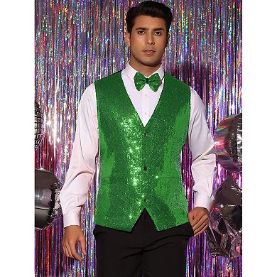 Sequins Vest For Men's V-neck Slim Fit Shiny Disco Party Sleeveless Waistcoat Bowtie Green Xx Large