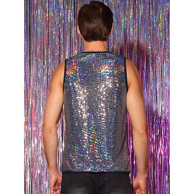 Sequin Tank Top For Men's Shiny Nightclub Party Metallic Sleeveless T-shirts