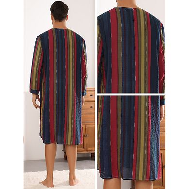 Stripe Nightshirt For Men's V-neck Button Long Sleeves Nightgown Sleep Shirt