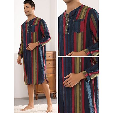 Stripe Nightshirt For Men's V-neck Button Long Sleeves Nightgown Sleep Shirt