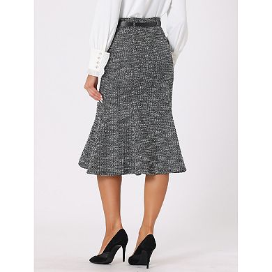 Tweed Midi Skirt For Women's Plaid Belted Fishtail Bodycon Skirts