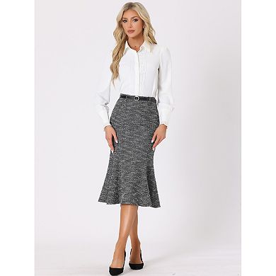 Tweed Midi Skirt For Women's Plaid Belted Fishtail Bodycon Skirts