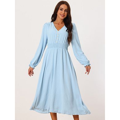 Women's Casual Midi Fall Dresses Vintage Smocked Waist Flowy Long Dress