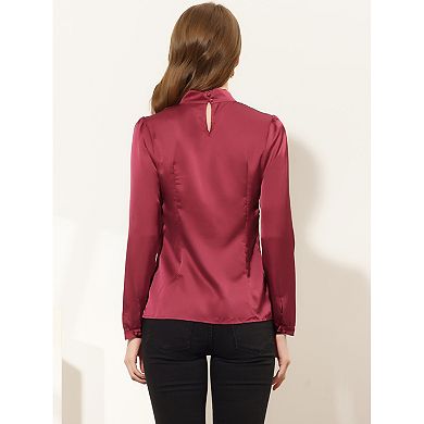 Women's Work Office Shirt Keyhole Elegant Mock Neck Long Sleeve Satin Blouse Top