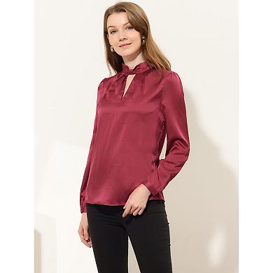 Women's Work Office Shirt Keyhole Elegant Mock Neck Long Sleeve Satin Blouse Top