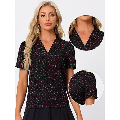 Women's V Neck Tops Elegant Casual Cherry Print Notch Lapel Short Sleeve Blouse