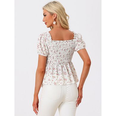 Puffy Short Sleeve Floral Blouse For Women's Sweetheart Neck Shirred Ruffle Peplum Top