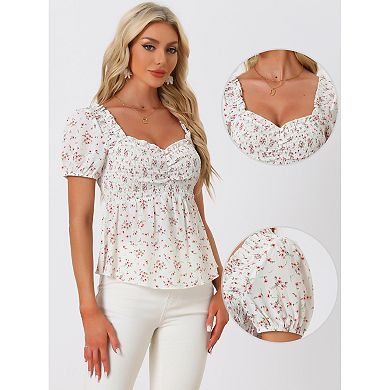 Puffy Short Sleeve Floral Blouse For Women's Sweetheart Neck Shirred Ruffle Peplum Top