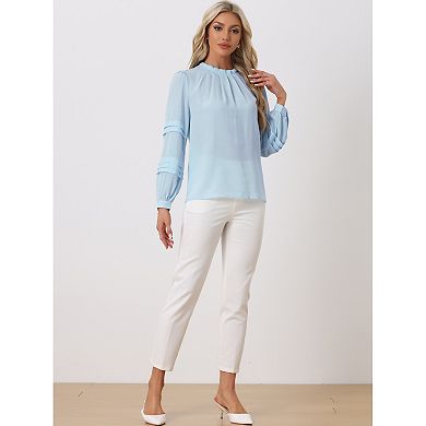 Women's Mock Neck Pleated Solid Lantern Long Sleeve Blouse