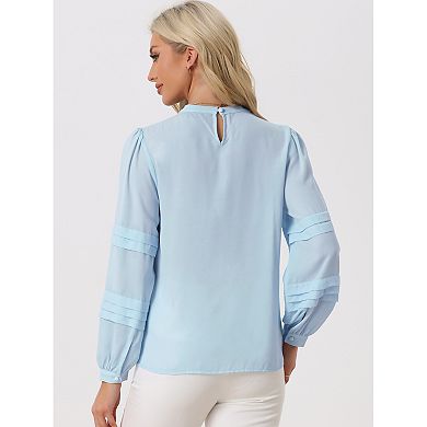 Women's Mock Neck Pleated Solid Lantern Long Sleeve Blouse