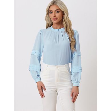 Women's Mock Neck Pleated Solid Lantern Long Sleeve Blouse