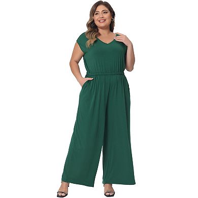 Plus Size Overall Rompers For Women V Neck Wide Legs Pants Sleeveless Pockets