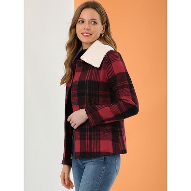 Women's Winter Detachable Collared Button Pockets Check Plaid Coat